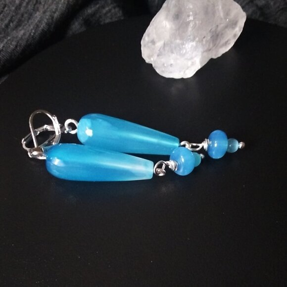 Coastal Aqua Blue Agate ~ Elongated Teardrop Danglers - Sleek Femme & Sexy - Picture 4 of 7